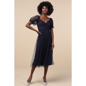 Lulus Glorious Chicness Navy Tulle Pleated Puff Sleeve Midi Dress Blue - Size M